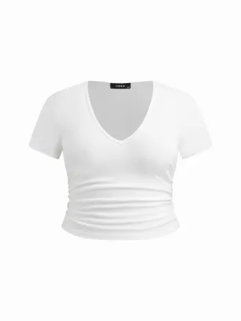 Cotton-blend V-neck Ruched Short Sleeve Tee Curve & Plus