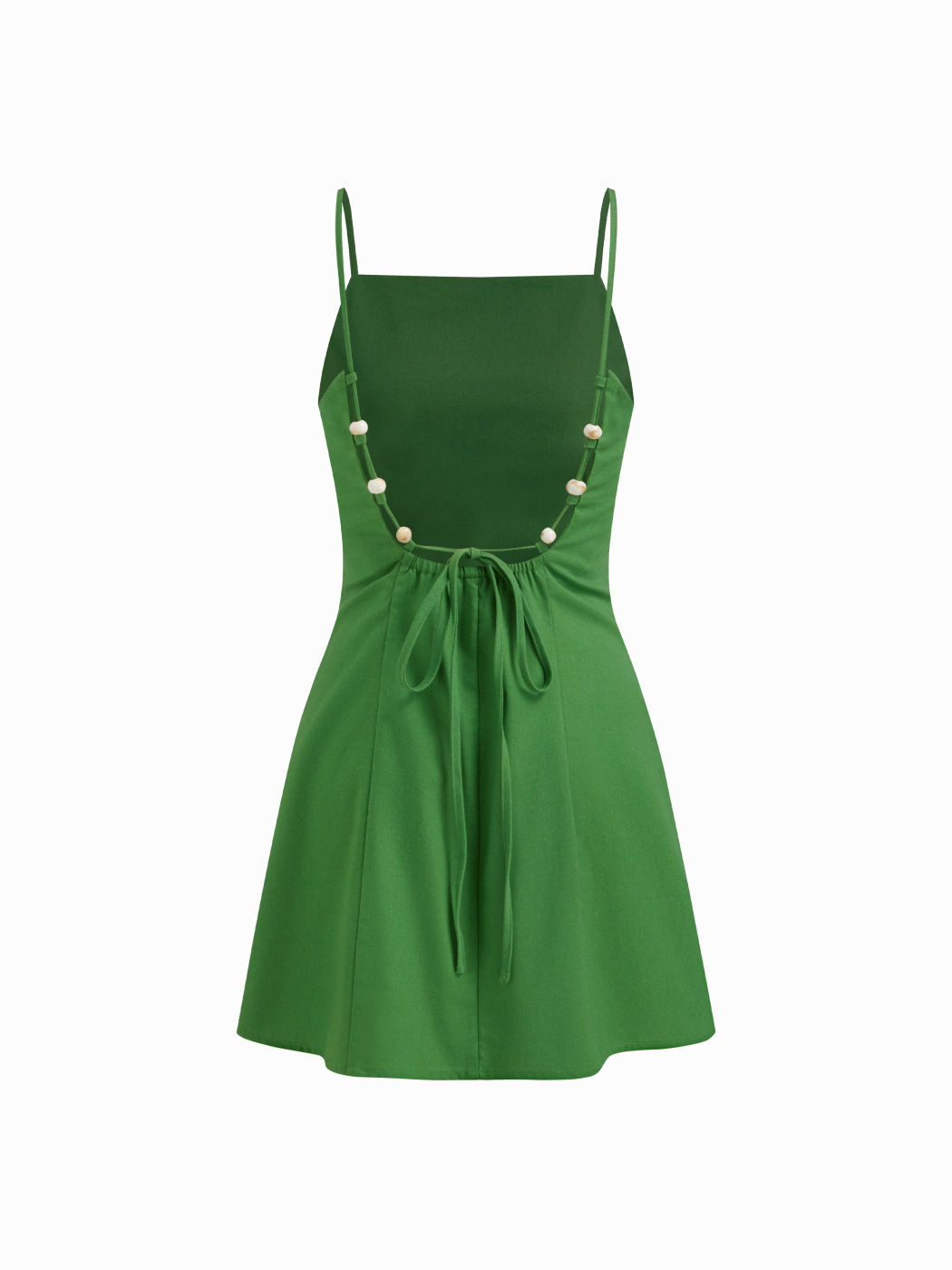 Mini abito senza schienale con ruches e perline, scollo quadrato in misto lino