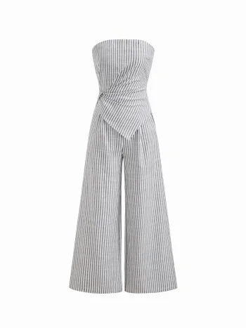Tuta bandeau a gamba larga arricciata e arricciata con orlo asimmetrico a righe in misto cotone