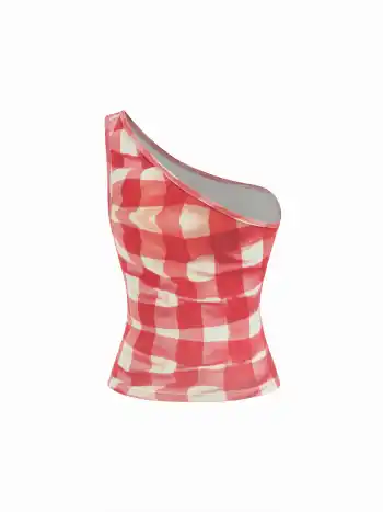 Baumwollmischung Asymmetrischer Hals Katzen-Grafik Gingham Tank Top