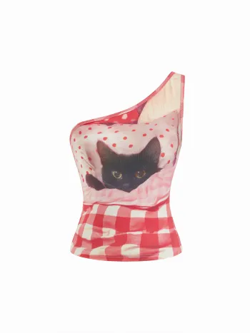 Baumwollmischung Asymmetrischer Hals Katzen-Grafik Gingham Tank Top