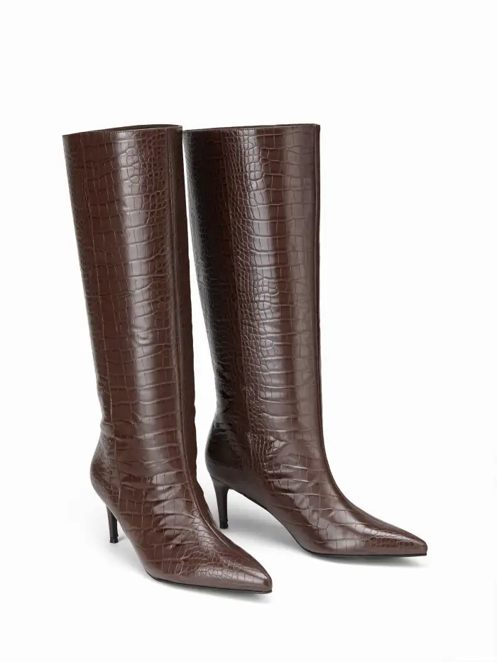 CROCODILE PATTERN POINTED TOE KNEE HIGH BOOTS