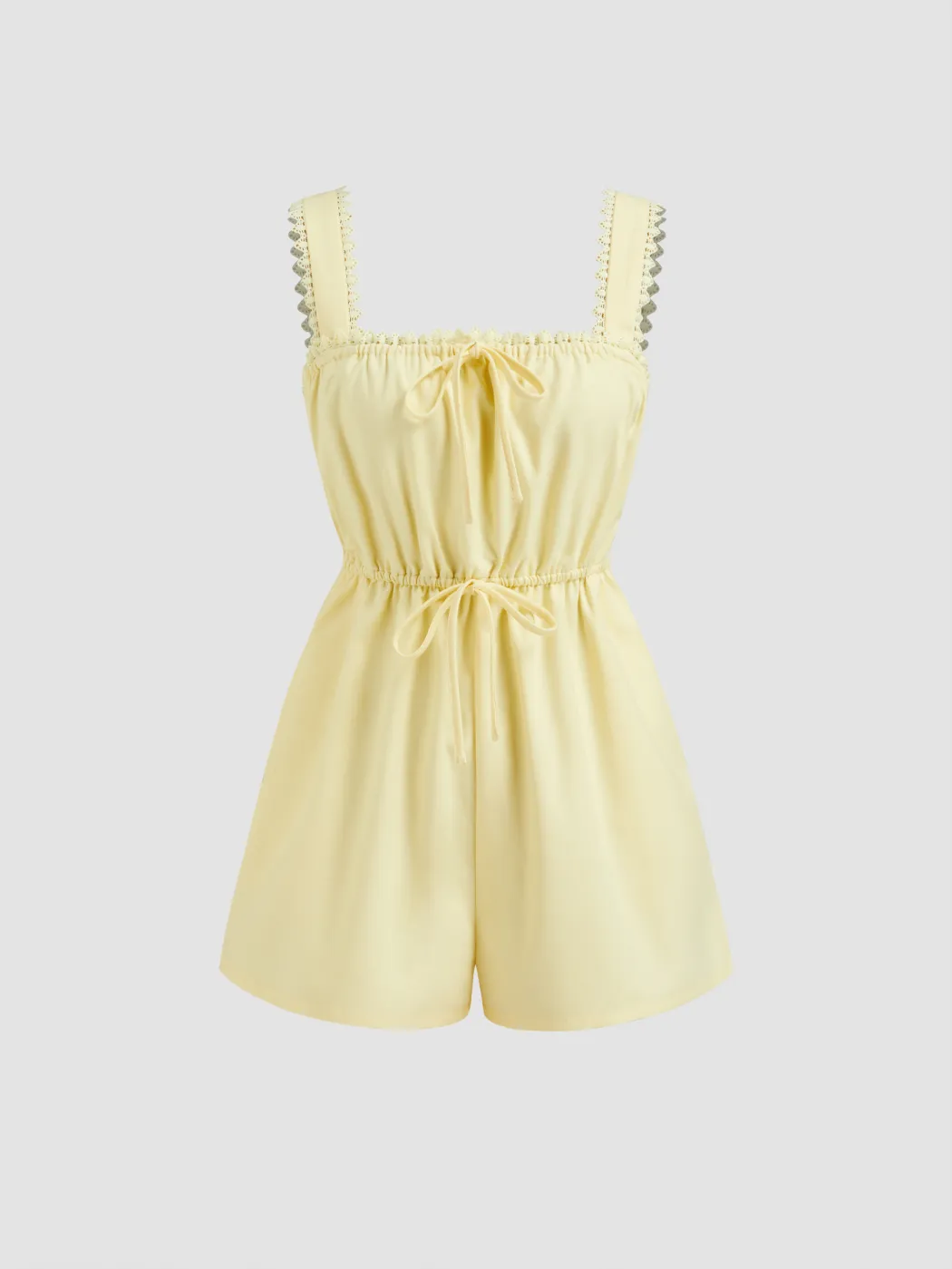 Linen-blend Square Neck Embroidery Trim Knotted Romper