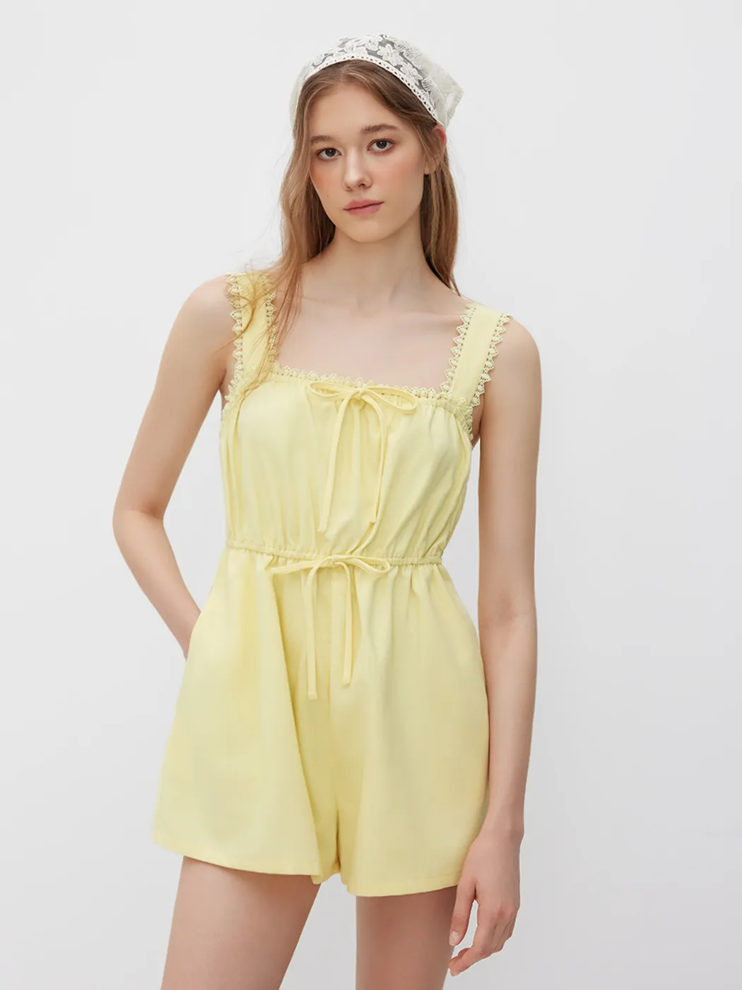 Linen-blend Square Neck Embroidery Trim Knotted Romper