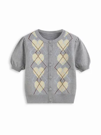Cardigan lavorato a maglia con motivo a cuore a rombi e bottoni