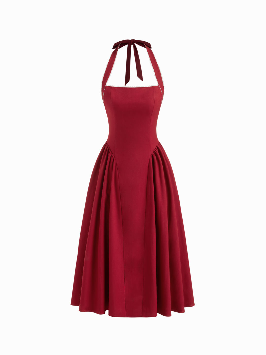 Abito midi in misto lino con scollo all'americana e volant annodati