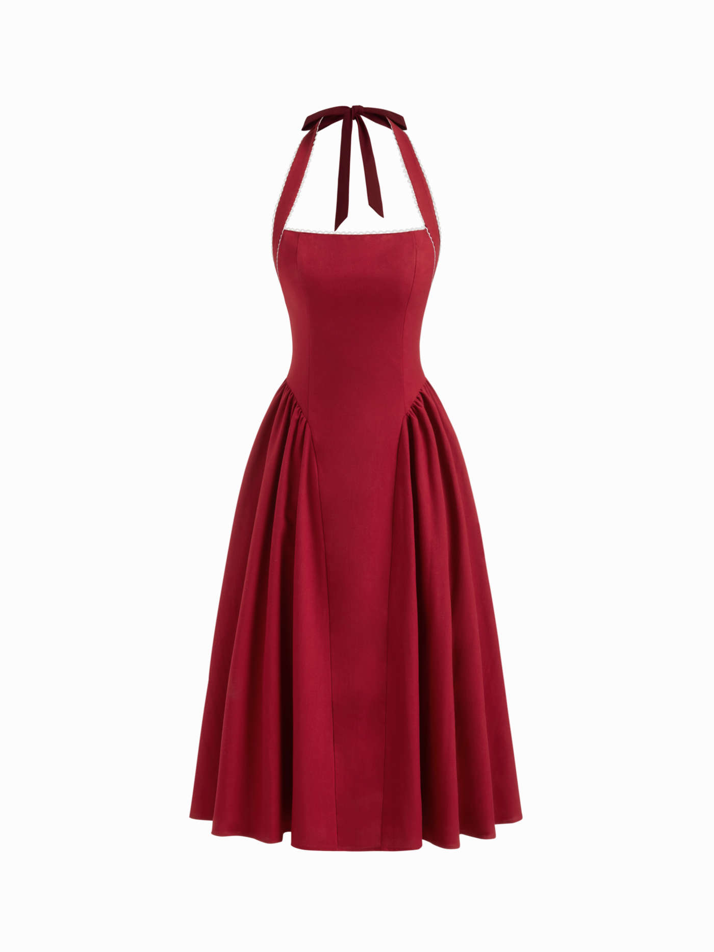 Linen-blend Halter Neckline Knotted Ruffle Midi Dress