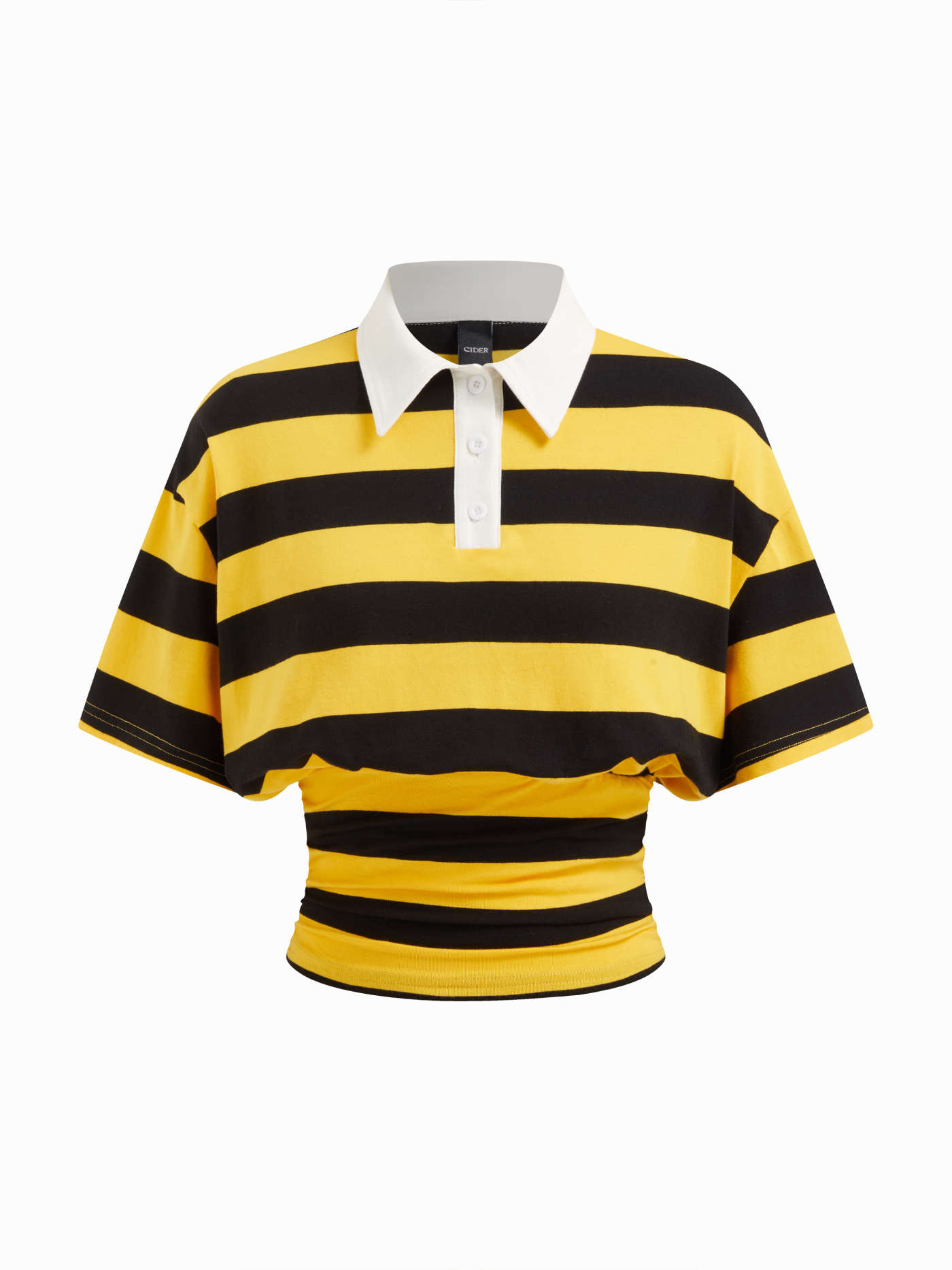 Cotton-blend Stripe Collar Short Sleeve Cinched Waist Tee