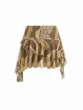 Mesh Mittelhöhe Floral Asymmetrische Rüschenhaut Schichtiges Mini Skort