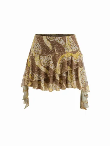 Mesh Mittelhöhe Floral Asymmetrische Rüschenhaut Schichtiges Mini Skort