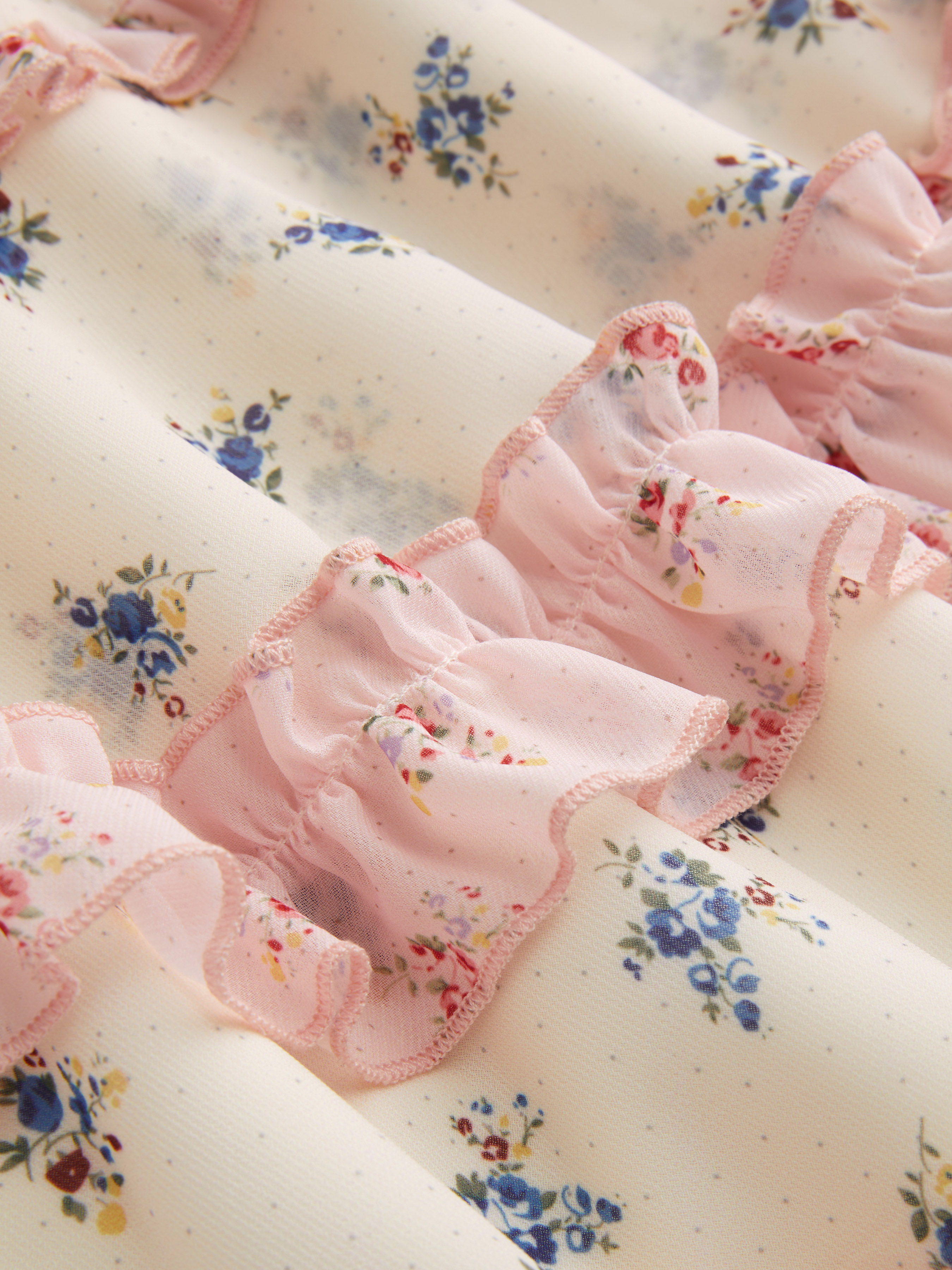 Halter Neckline Ditsy Floral Lace Lettuce Trim Shirred Patchy Tiered Mini Dress