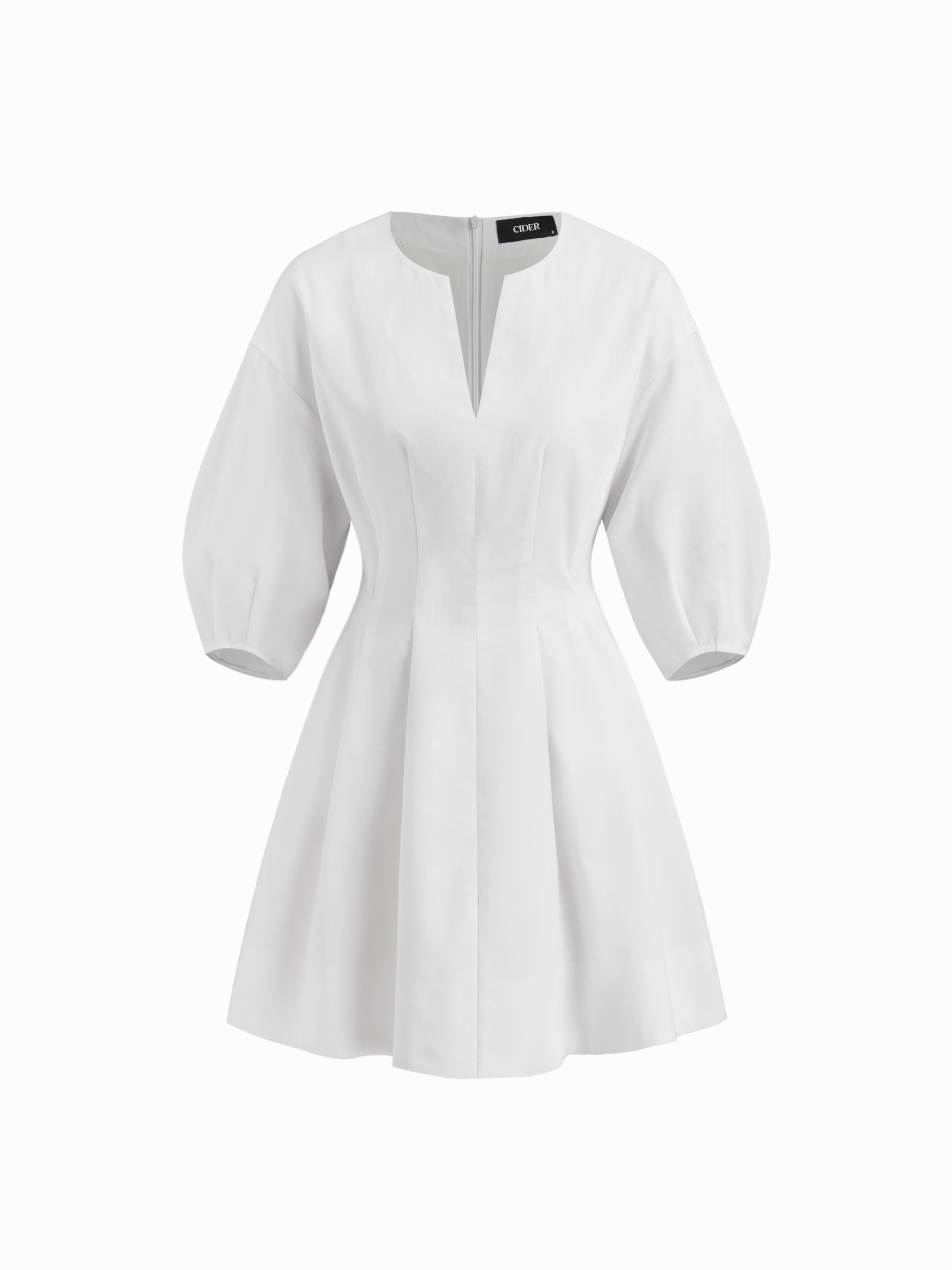 Linen-blend V-neck Lantern Mid-length Sleeve Cinched Waist Mini Dress