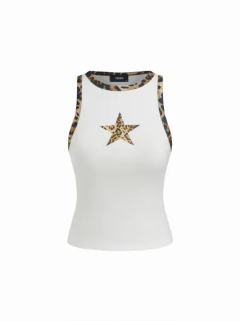 Baumwollmischung Leopard-Stern-Grafik Kontrast-Binding Tank Top