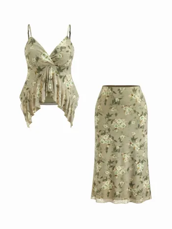 V-neck Floral Ruffle Cami Top & Mid Rise Maxi Skirt Set Curve & Plus