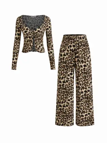 V-neck Leopard Split Top & Mid Rise Straight Leg Trousers Loungewear Set
