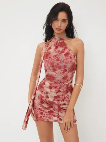 Mesh-Halter-Halslinie Blumen- & Leopard-Muster Rückenfreies Mini-Kleid mit Schal