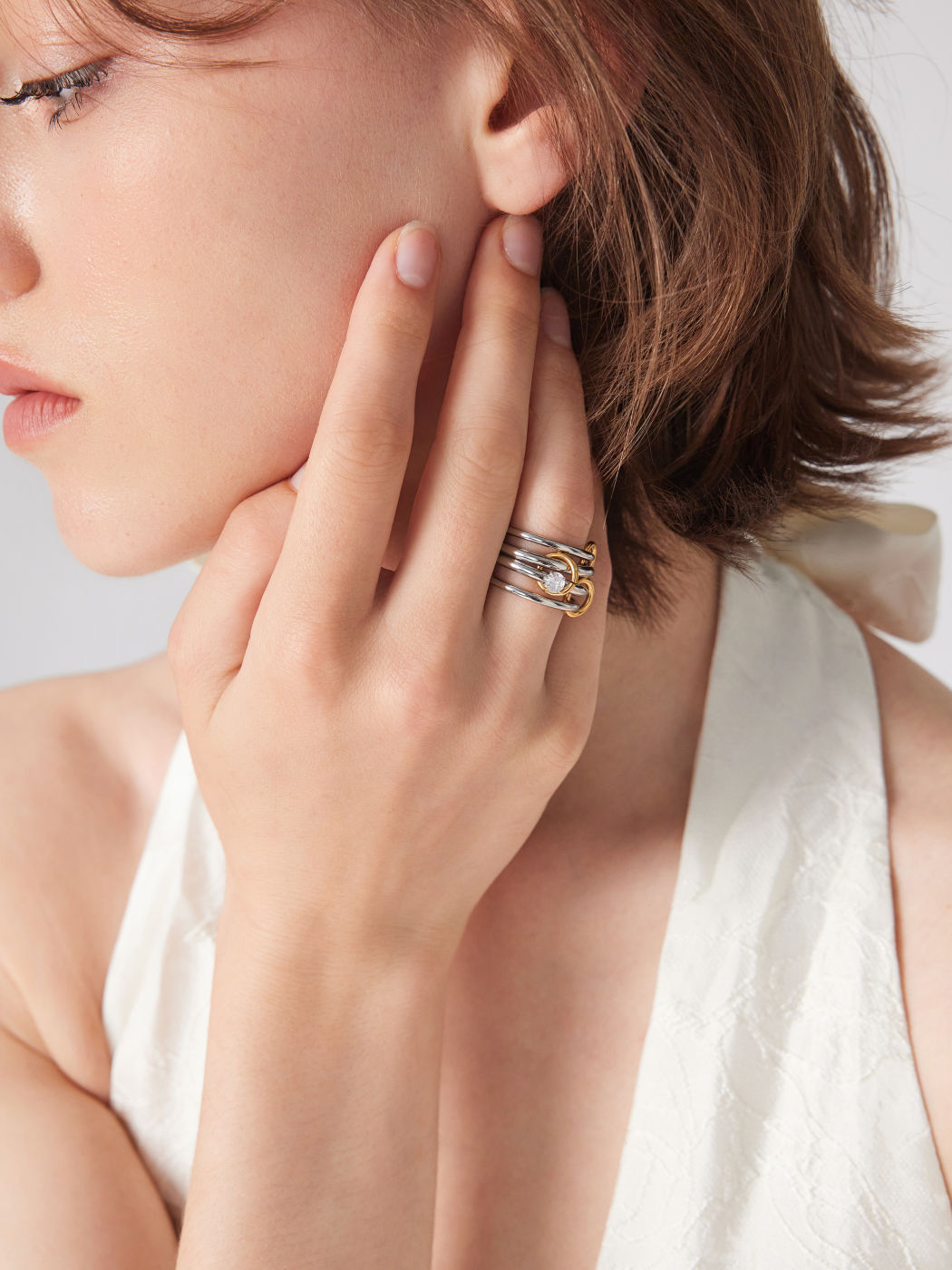 4PCS ZIRCON & TWO-TONE HOOP 18K GOLD PLATED STAINLESS STEEL RING SET