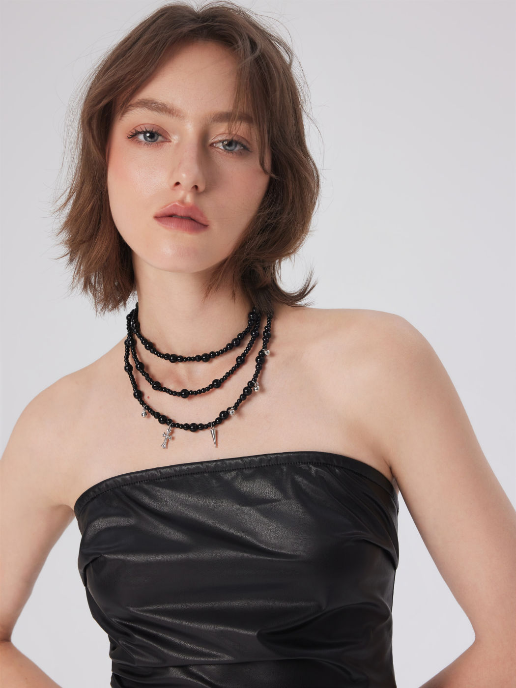 CROSS & STUDDED BEADED NECKLACE