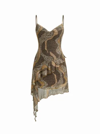 Mini-Kleid mit Maschen, floralen abstrakten Grafiken, Kapuzenhals und asymmetrischen Rüschen