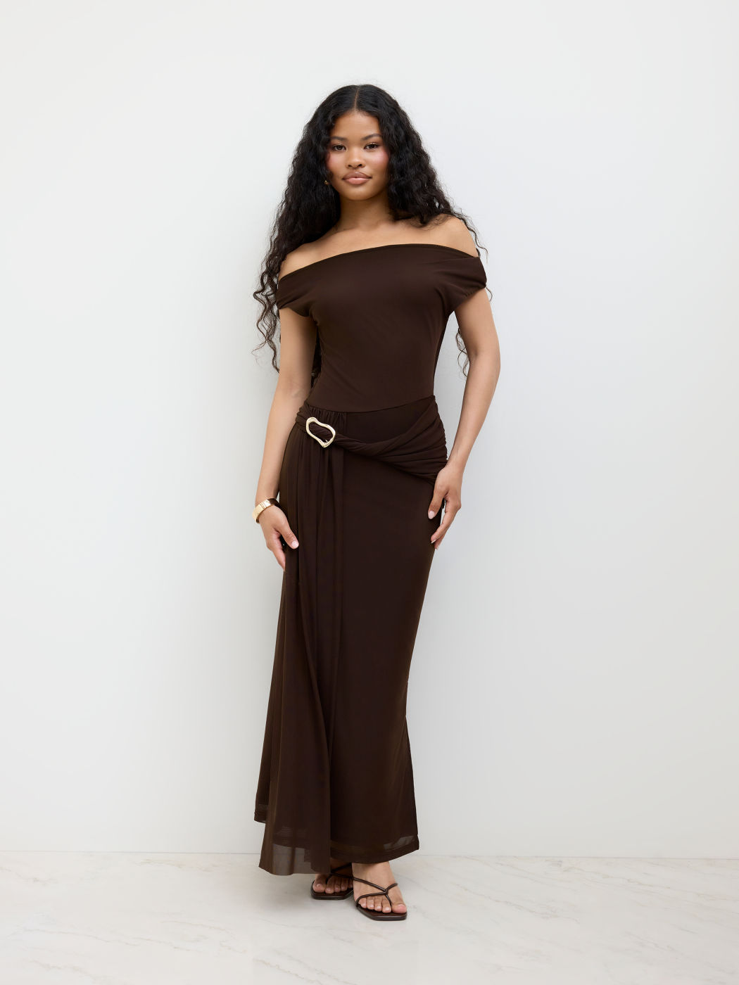Mesh Asymmetrical Neck Ruched Draped Maxi Dress