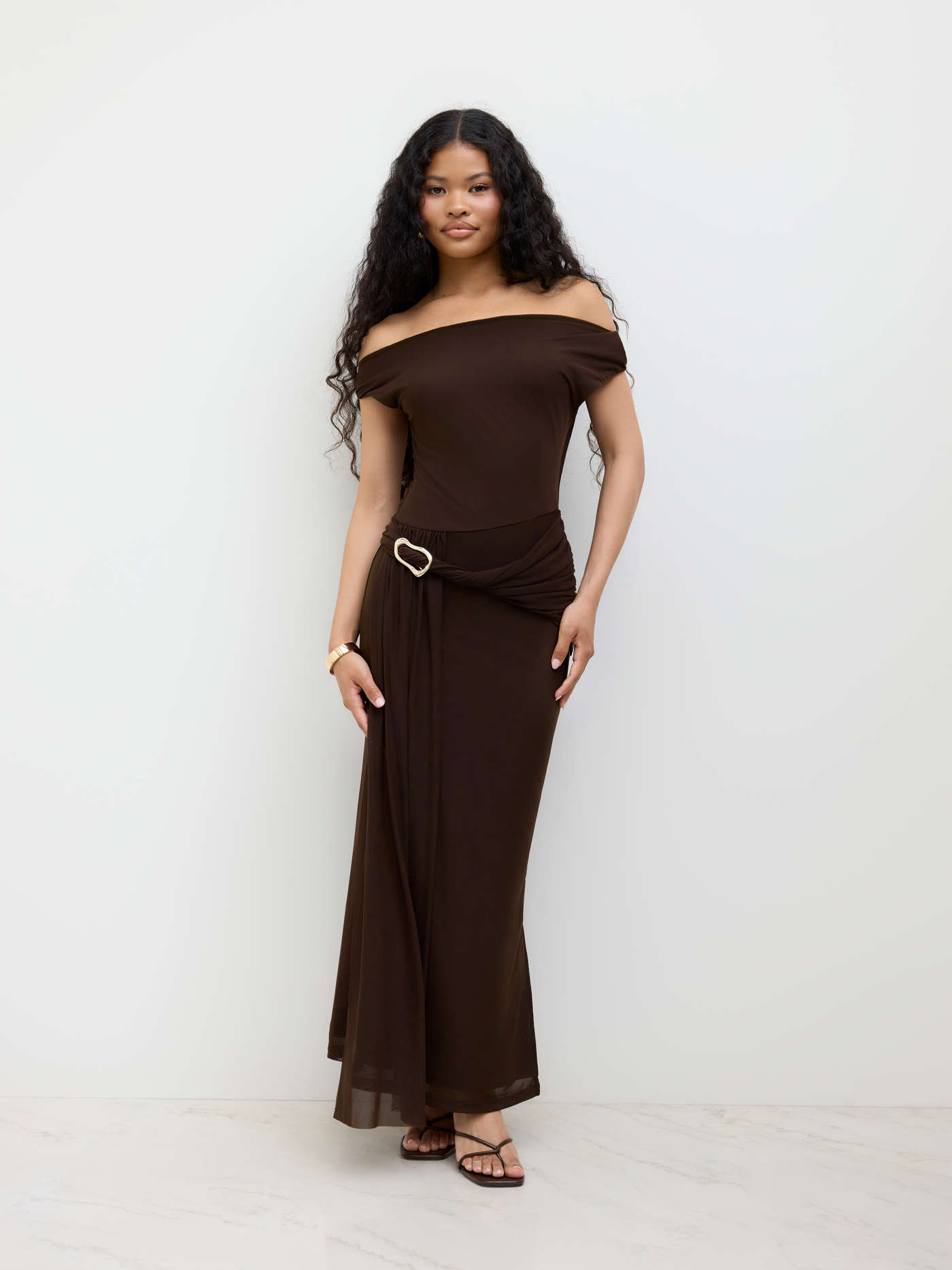 Mesh Asymmetrical Neck Ruched Draped Maxi Dress