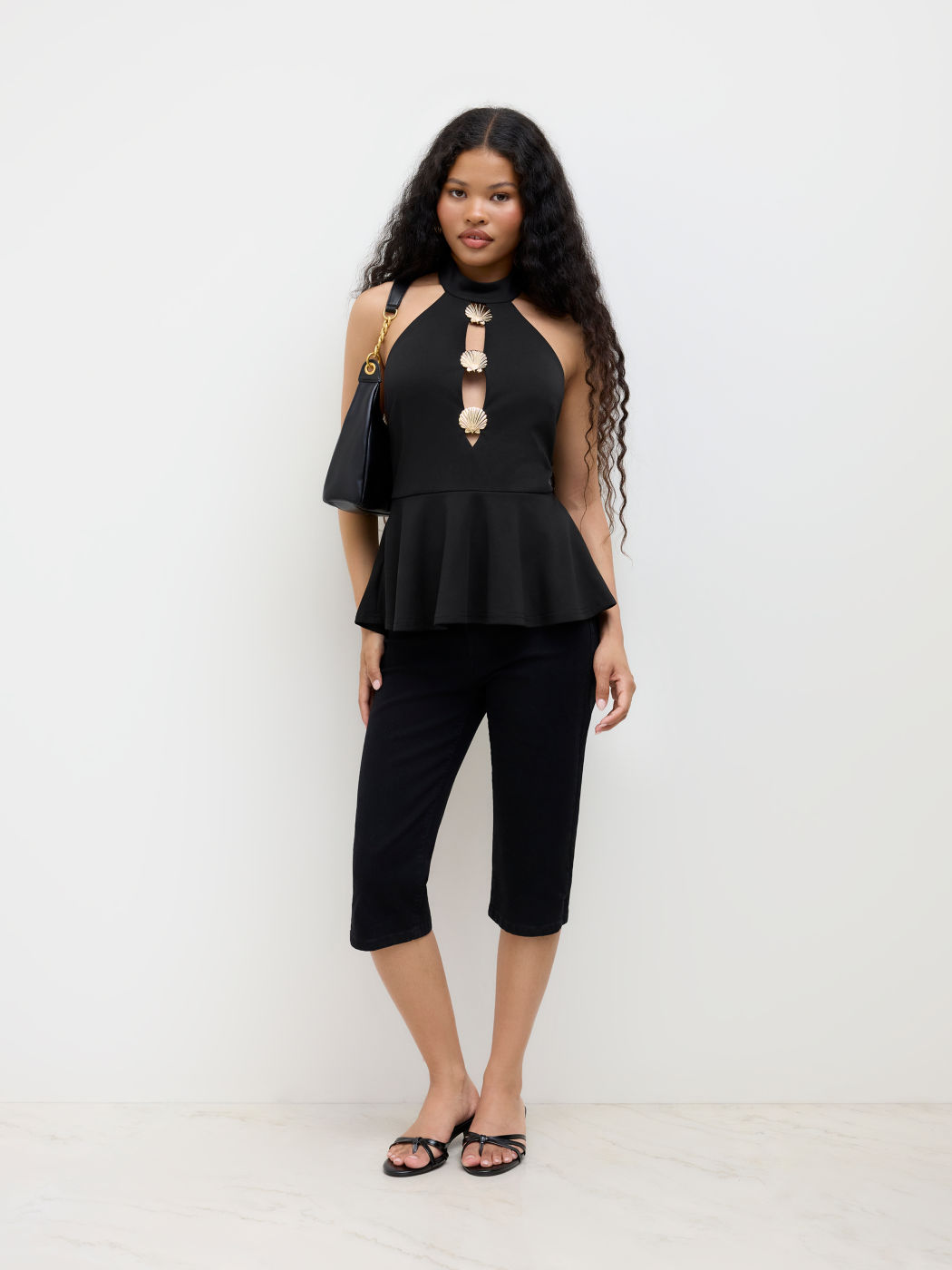 Halter Neckline Shell Metal Detail Ruffle Hem Top