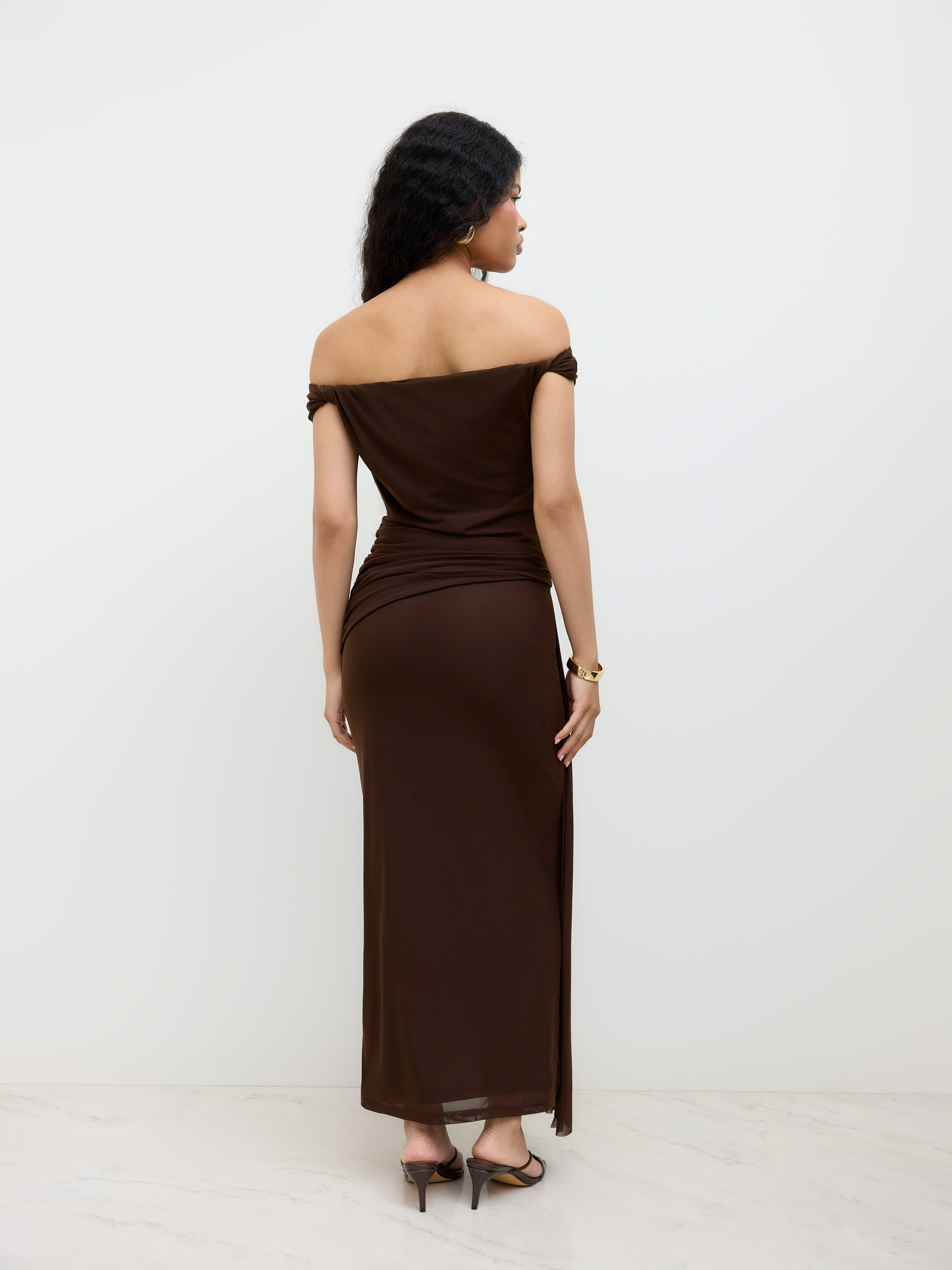 Mesh Asymmetrical Neck Ruched Draped Maxi Dress