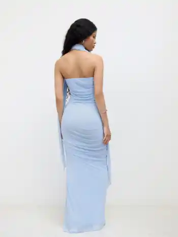 Mesh Halter Neckline Crop Bandeau Top & High Rise Ruched Mermaid Maxi Skirt Set