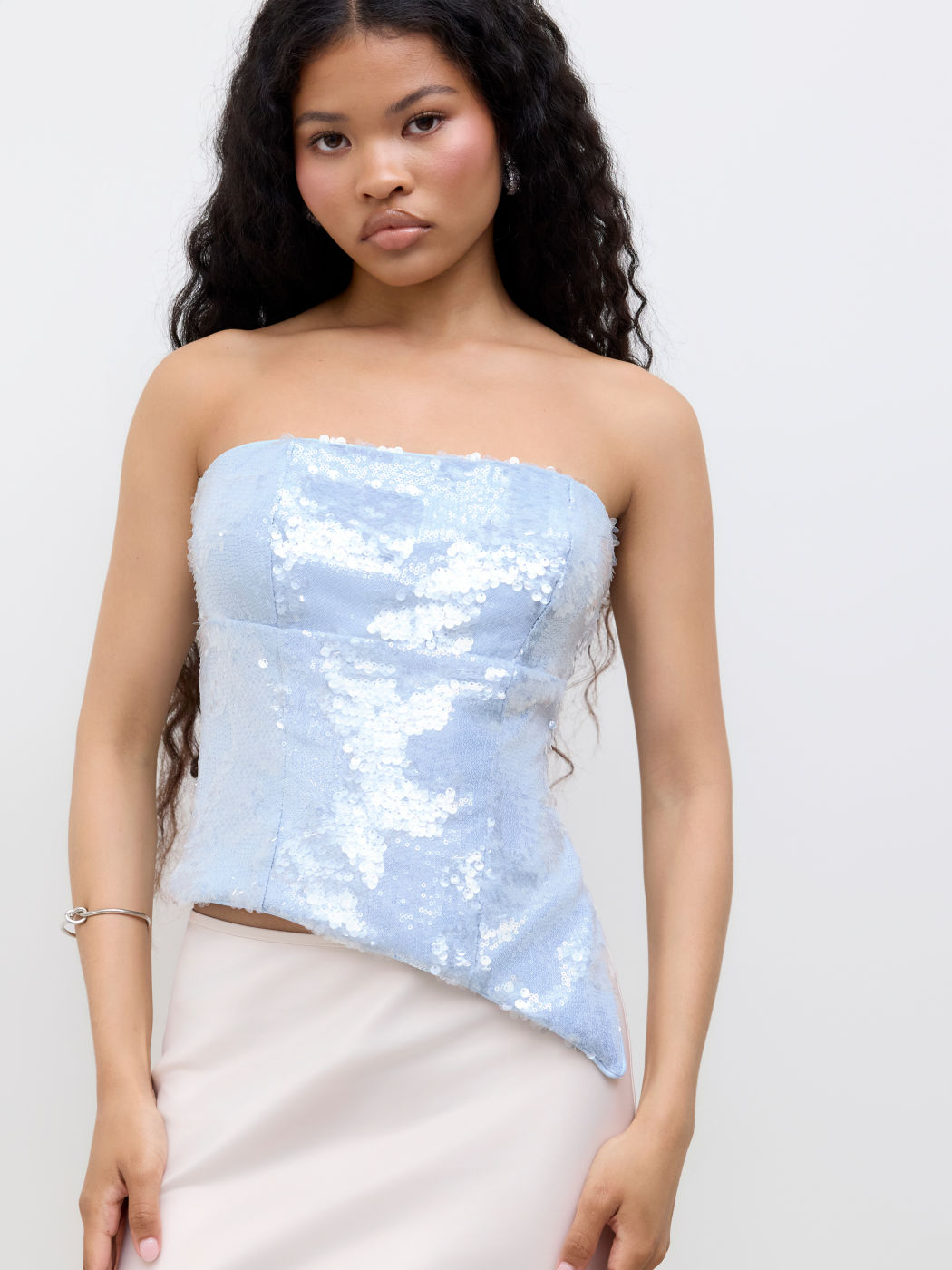 Sequins Asymmetrical Hem Split Bandeau Top