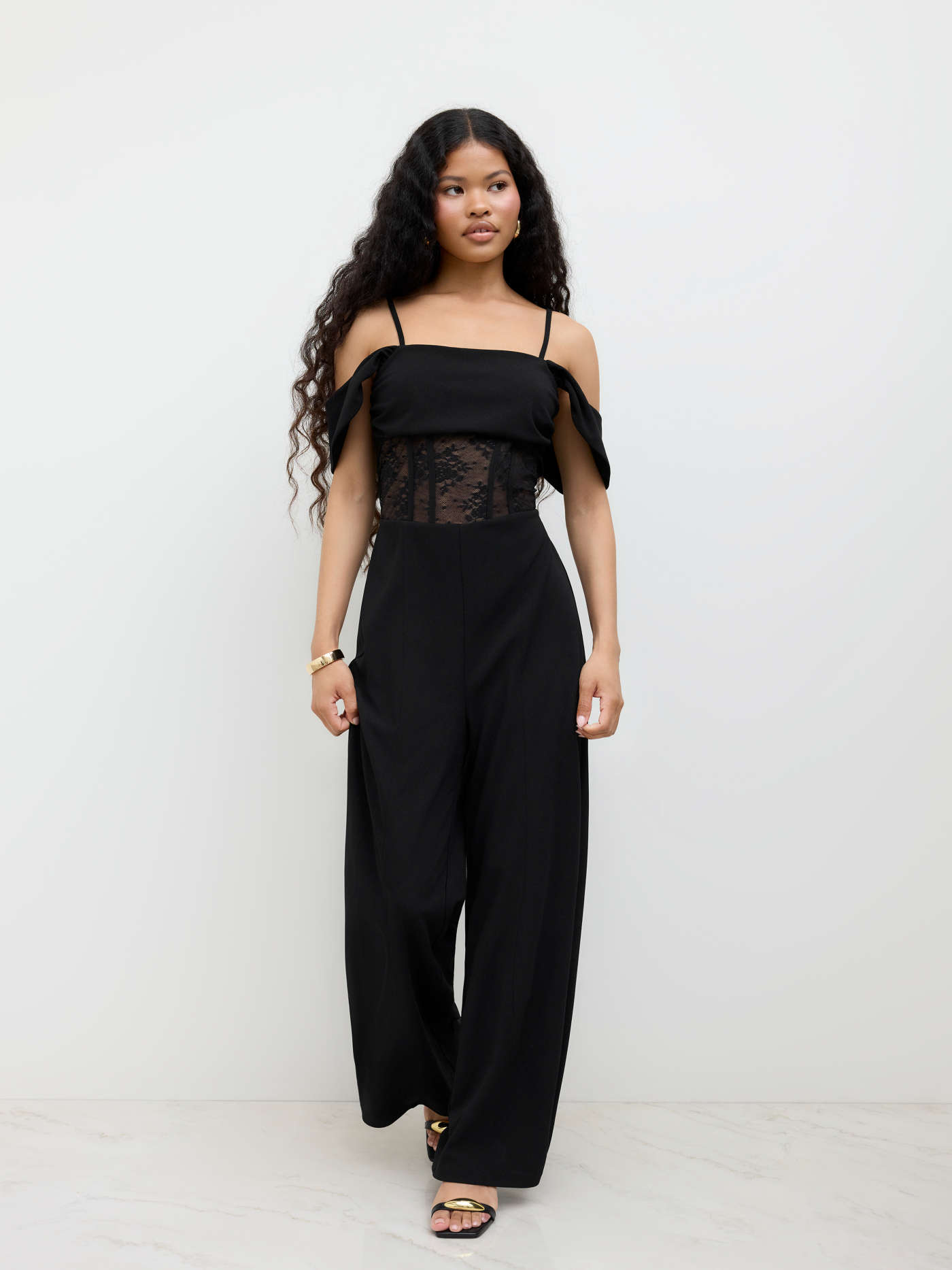 Square Neck Lace Corset Cami Wide Leg Jumpsuit