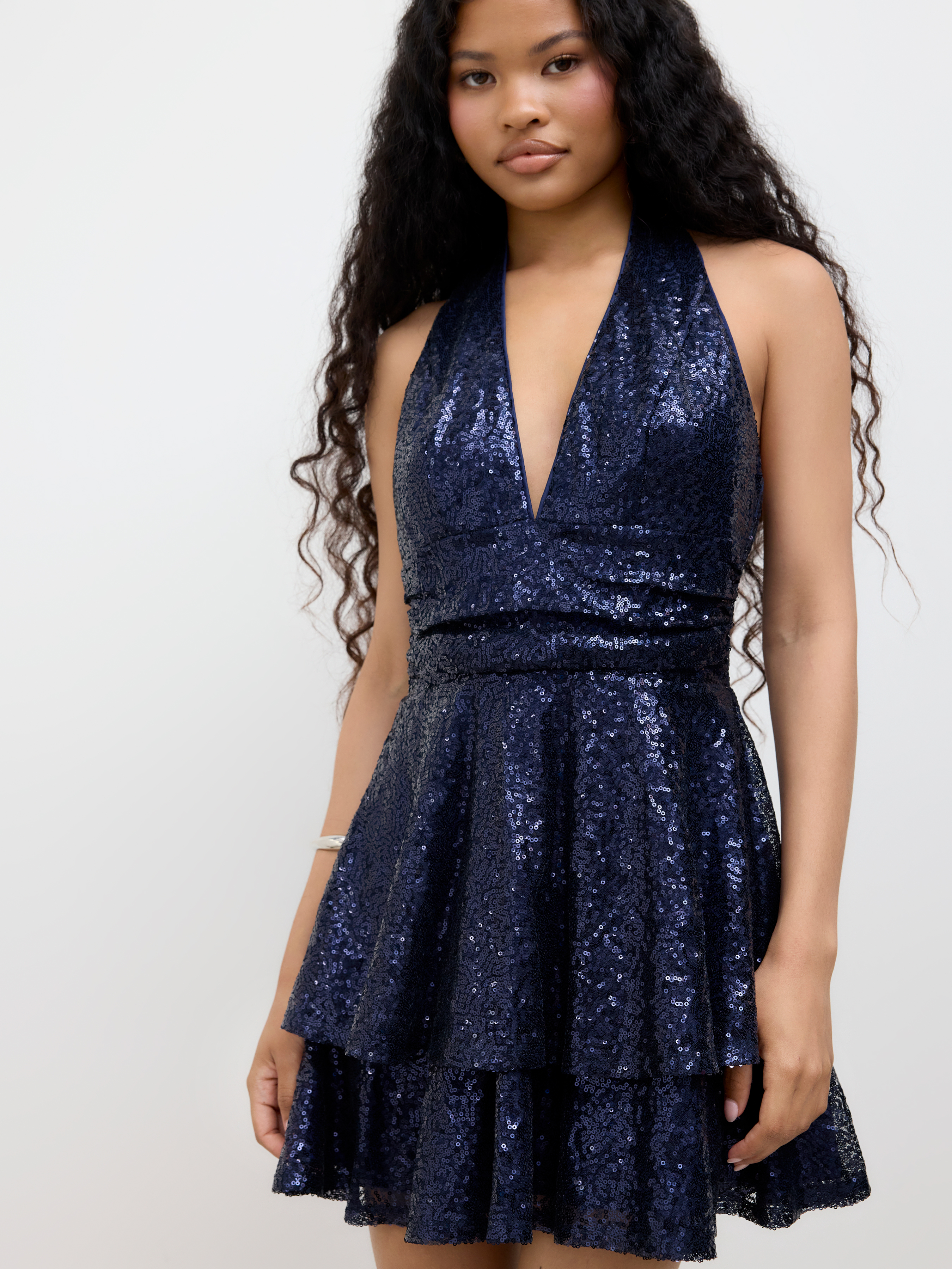 Sequins Halter V-neck Layered Mini Dress