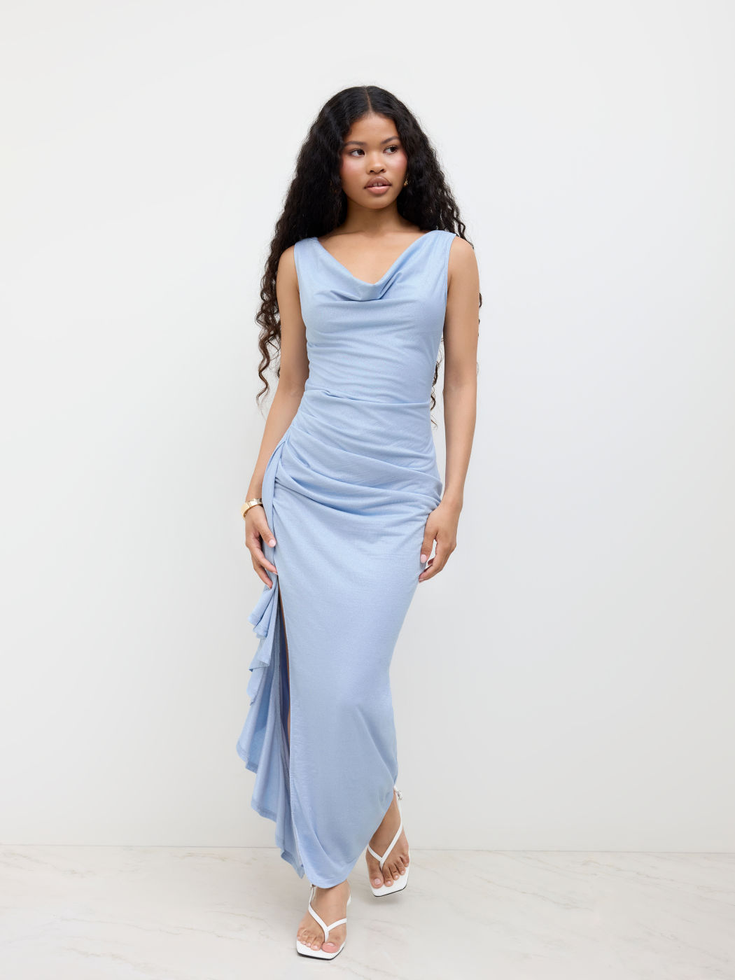 Cowl Neck Ruffle Hem Split Backless Maxi Dress