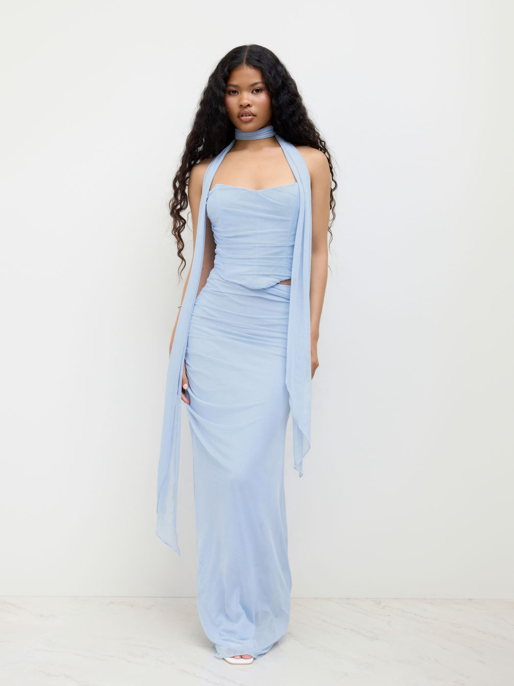 Mesh Halter Neckline Crop Bandeau Top & High Rise Ruched Mermaid Maxi Skirt Set
