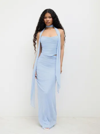 Mesh Halter Neckline Crop Bandeau Top & High Rise Ruched Mermaid Maxi Skirt Set