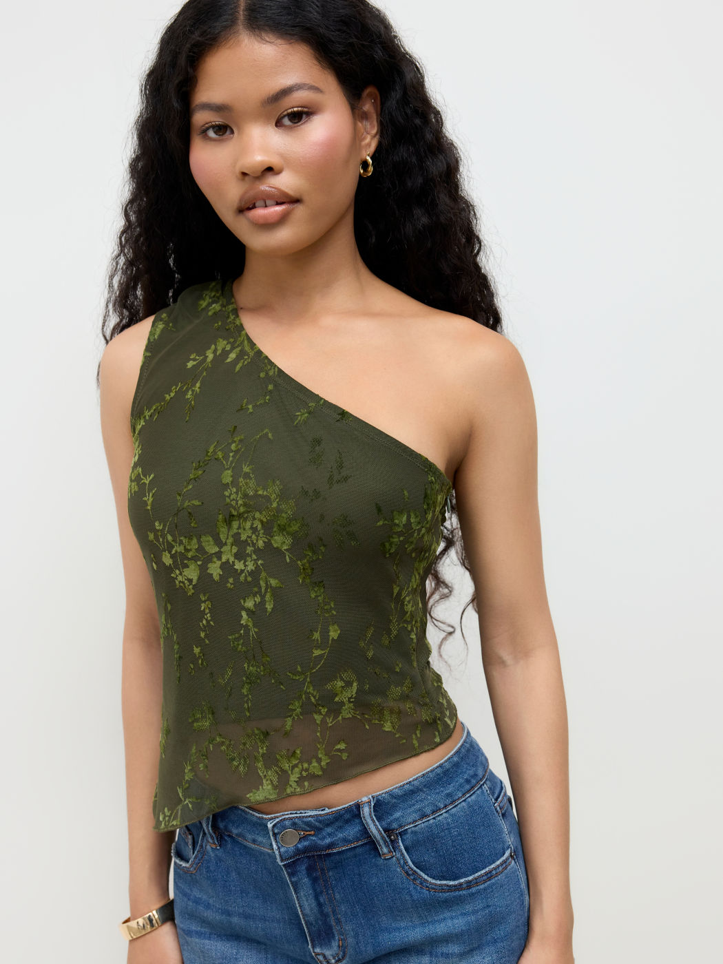 Lace Asymmetrical Neck Floral Top