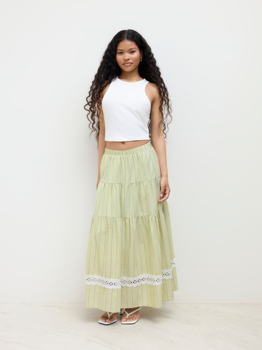 Cotton Mid Rise Stripe Lace Detail Tiered Maxi Skirt