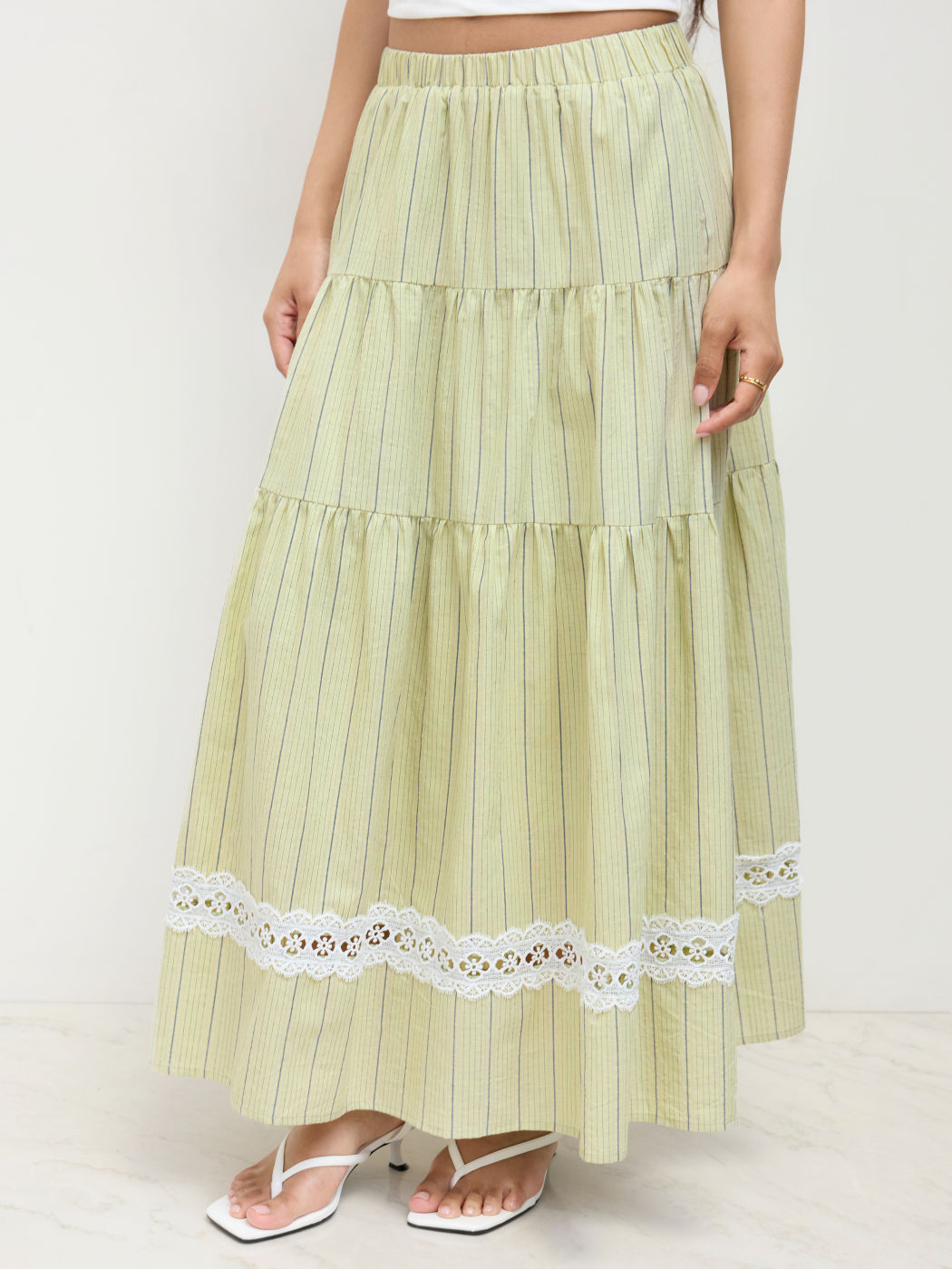 Cotton Mid Rise Stripe Lace Detail Tiered Maxi Skirt