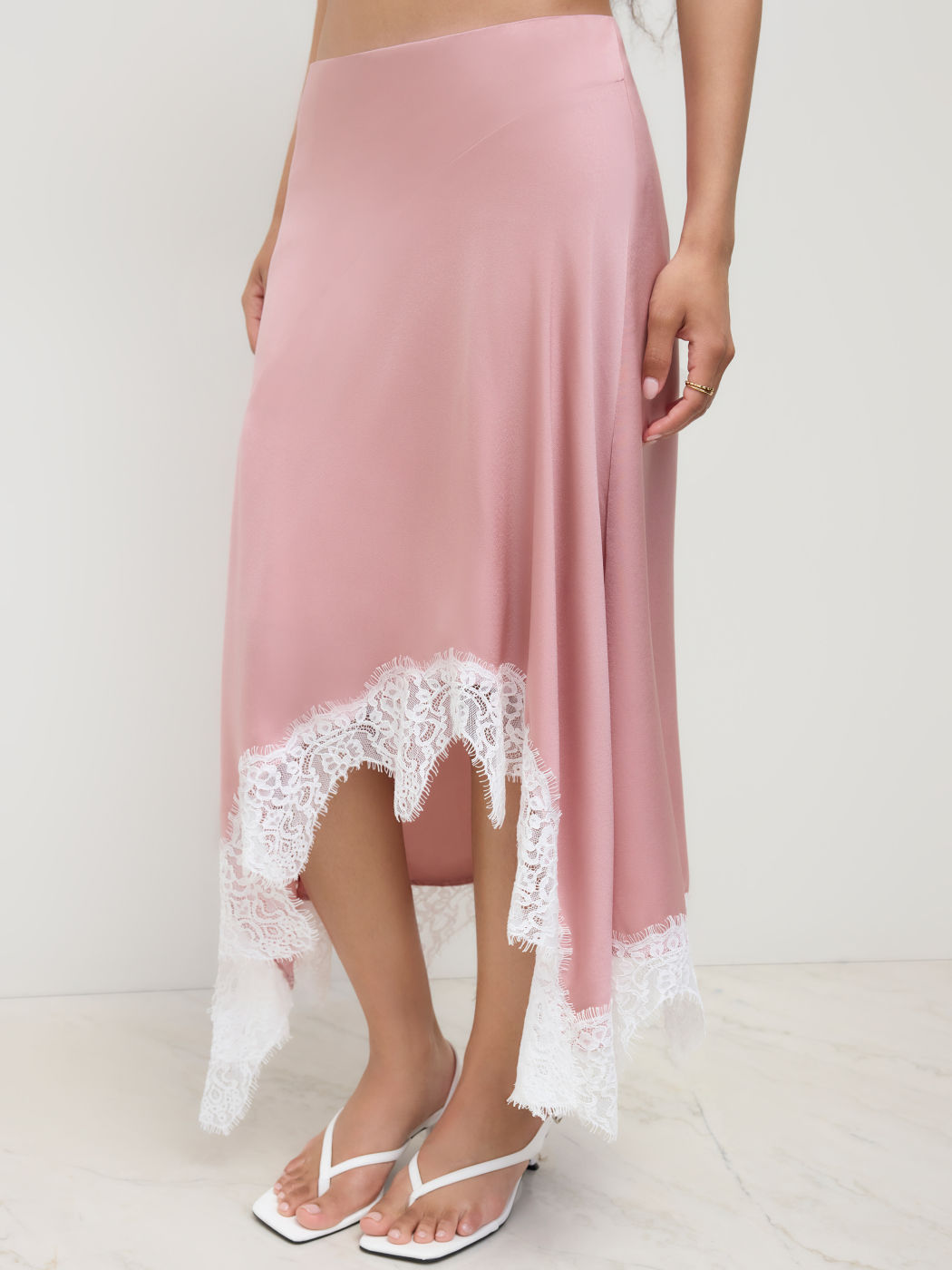Satin Mid Rise Lace Trim Midi Skirt