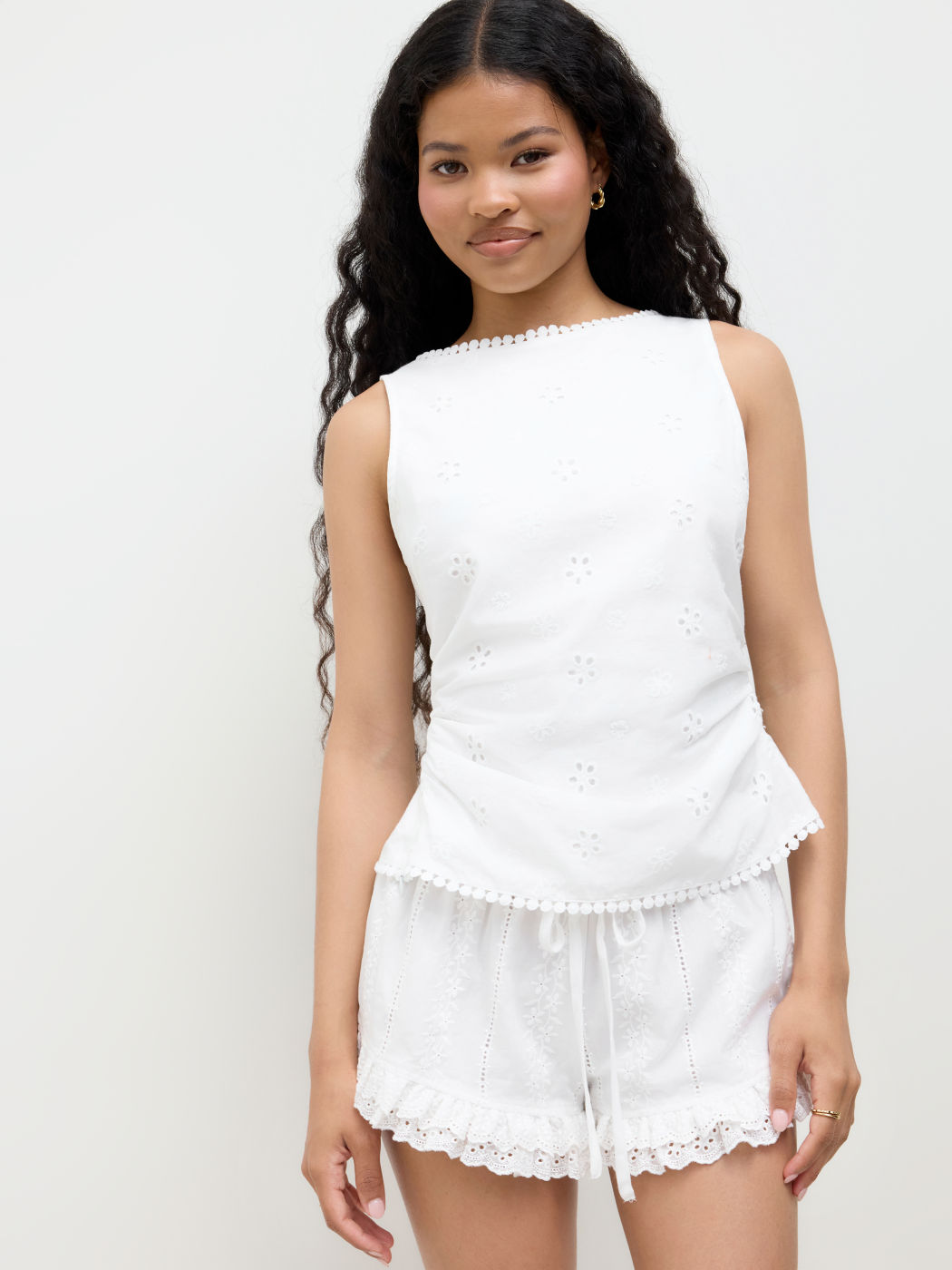 Cotton-blend Boat Neck Broderie Anglaise Tie Back Knotted Top