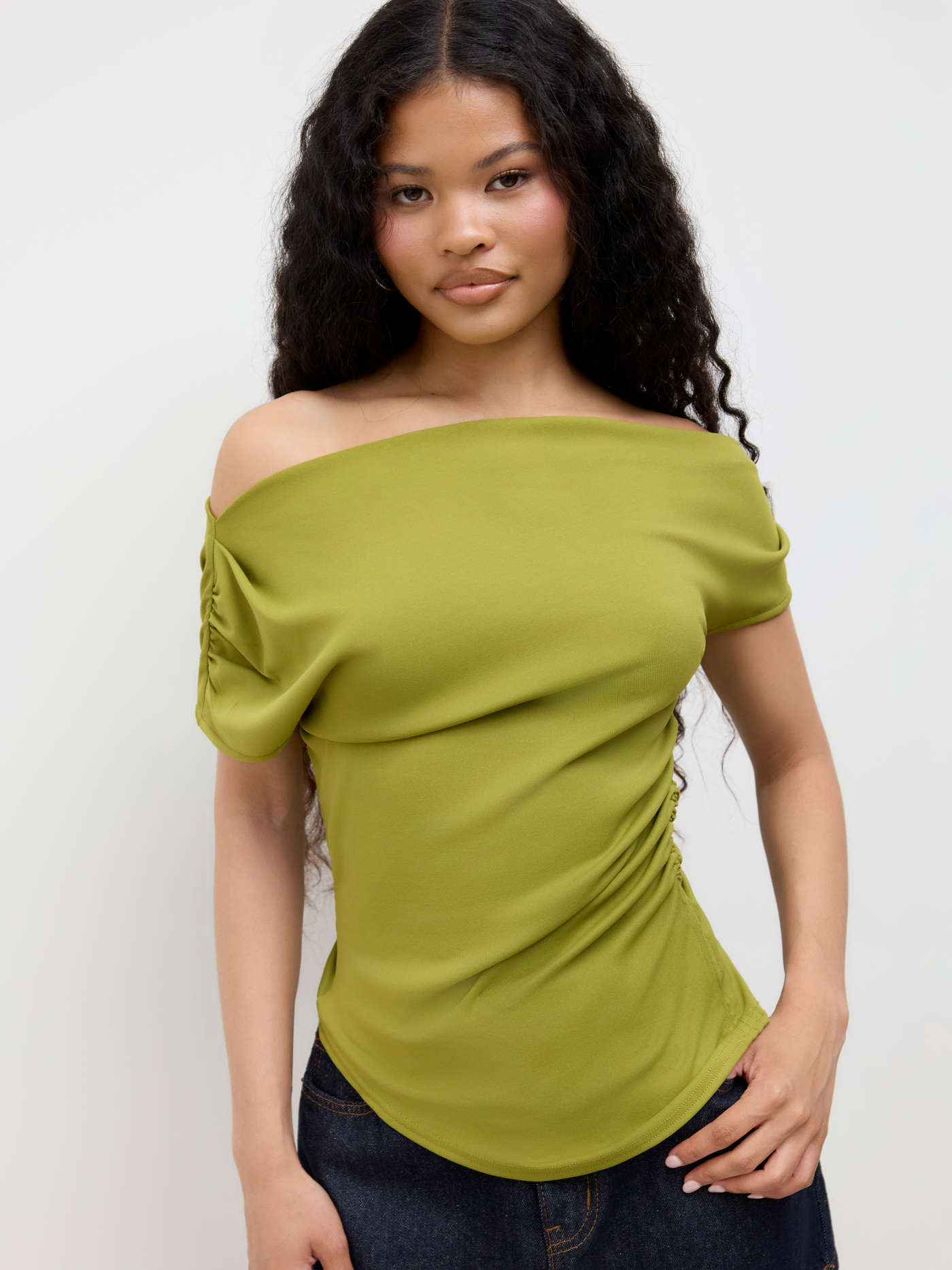 Asymmetrical Neck Ruched Short Sleeve Top