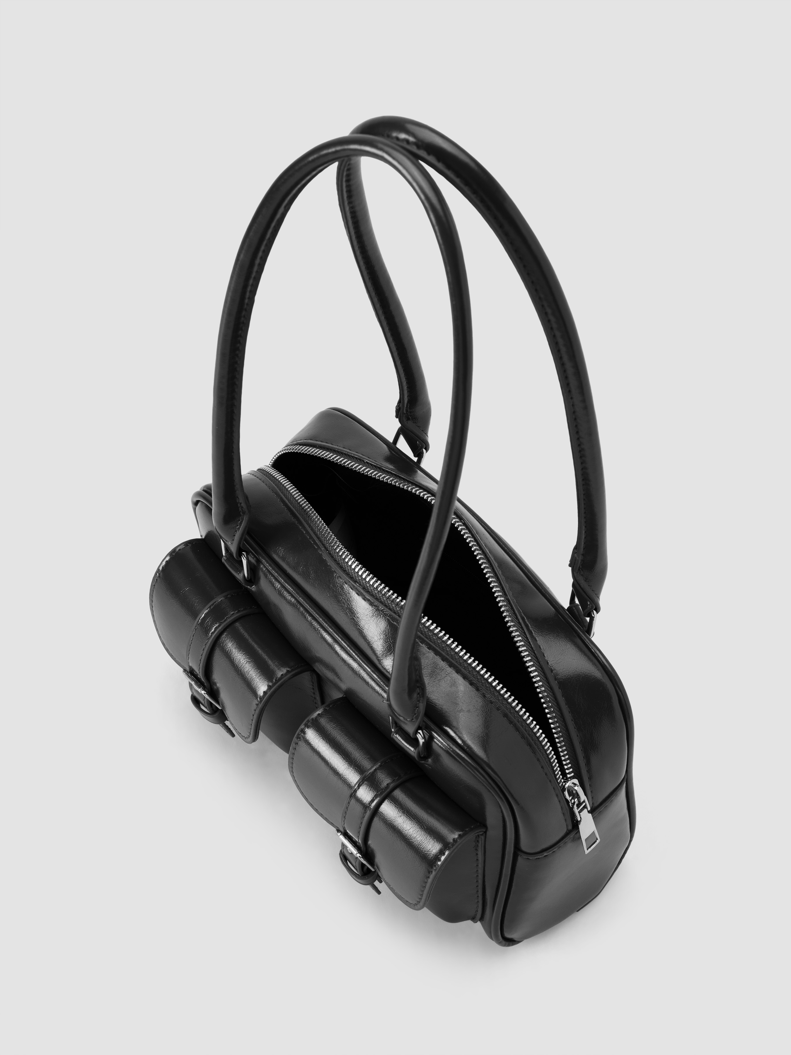 Faux Leather DOUBLE POCKET BOSTON FAUX LEATHER SHOULDER BAG