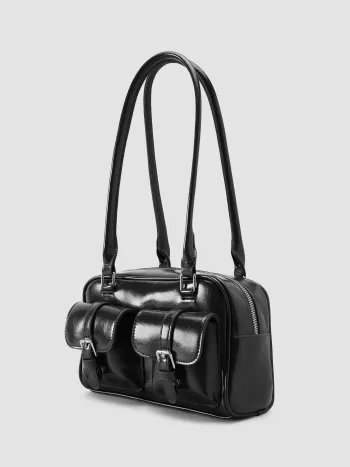 DOUBLE POCKET BOSTON FAUX LEATHER SHOULDER BAG