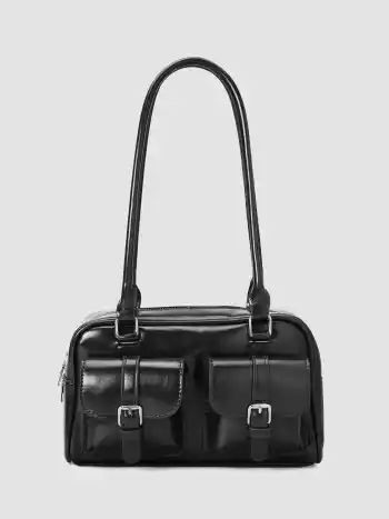 DOUBLE POCKET BOSTON FAUX LEATHER SHOULDER BAG