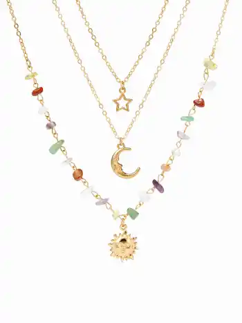 3PCS SUN & MOON & STAR & COLORFUL STONE PENDANT NECKLACE SET