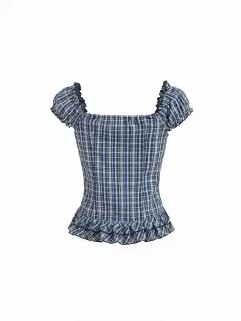 Zuckerguss-Tartan-Rusche-Bluse mit Kopfkrauseverzierungen