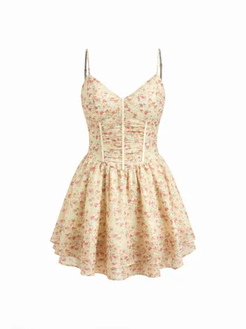 Blumiges V-Hals-Rüschen-Ebenen-Cami-Kleider