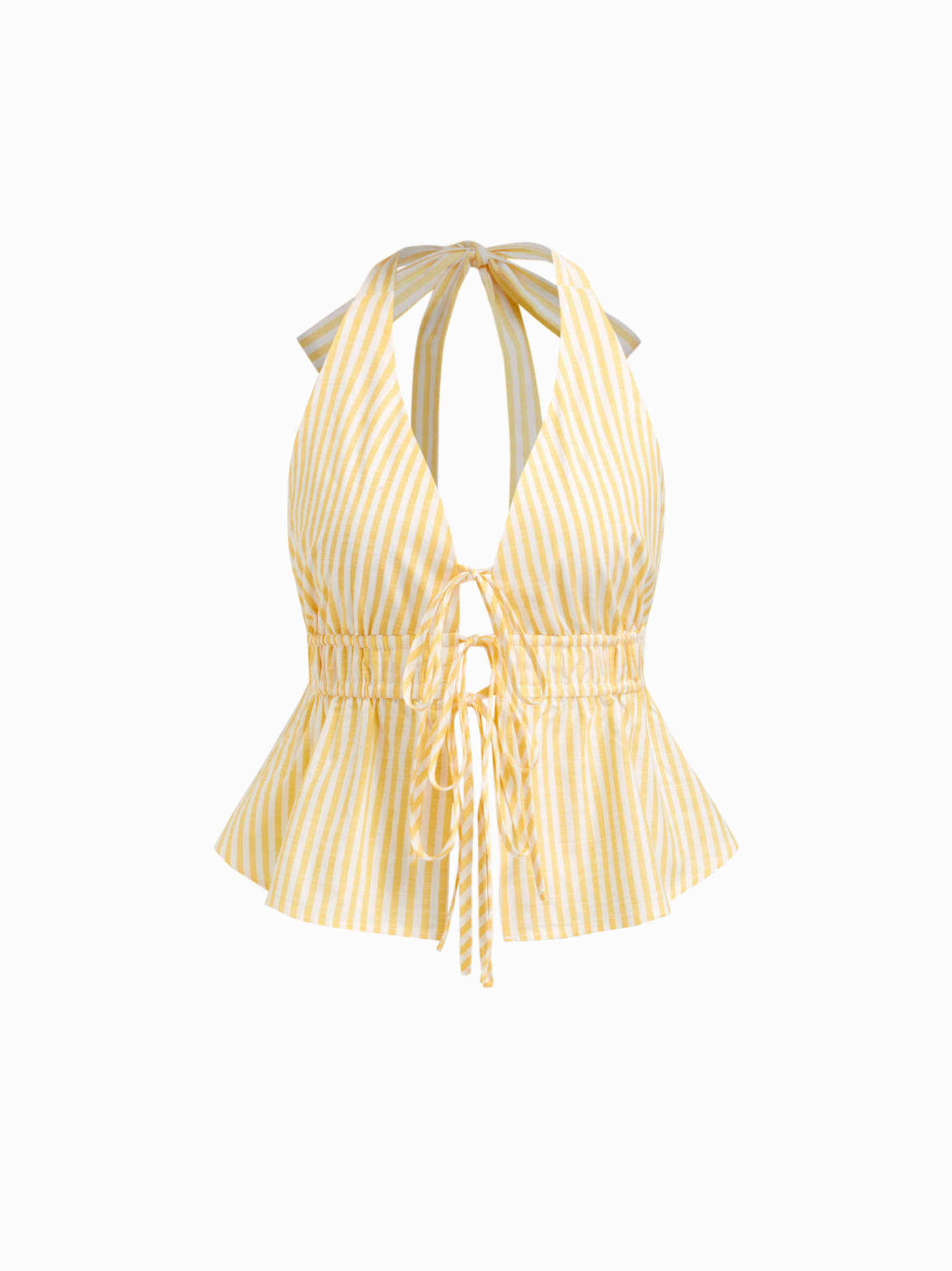 Woven Cotton-blend Halter Neckline Stripe Tie Front Shirred Top & Mid Rise Elastic Waist Ruffle Maxi Skirt Set For Vacation
