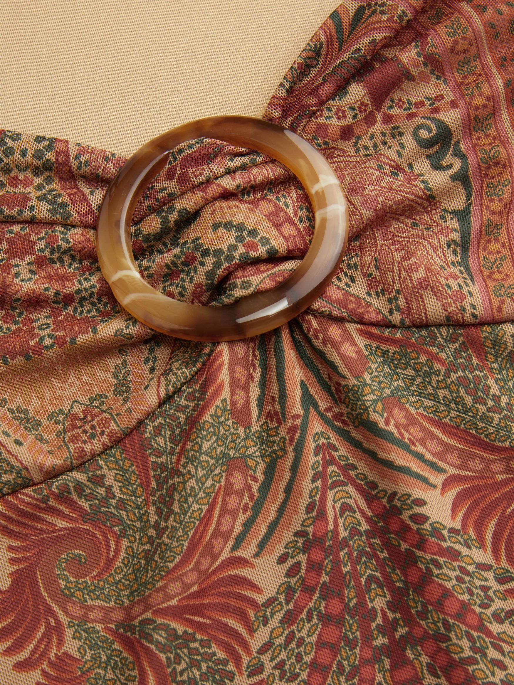 Mesh Sweetheart Neck Paisley O-Ring Ruffle Hem Mini Dress