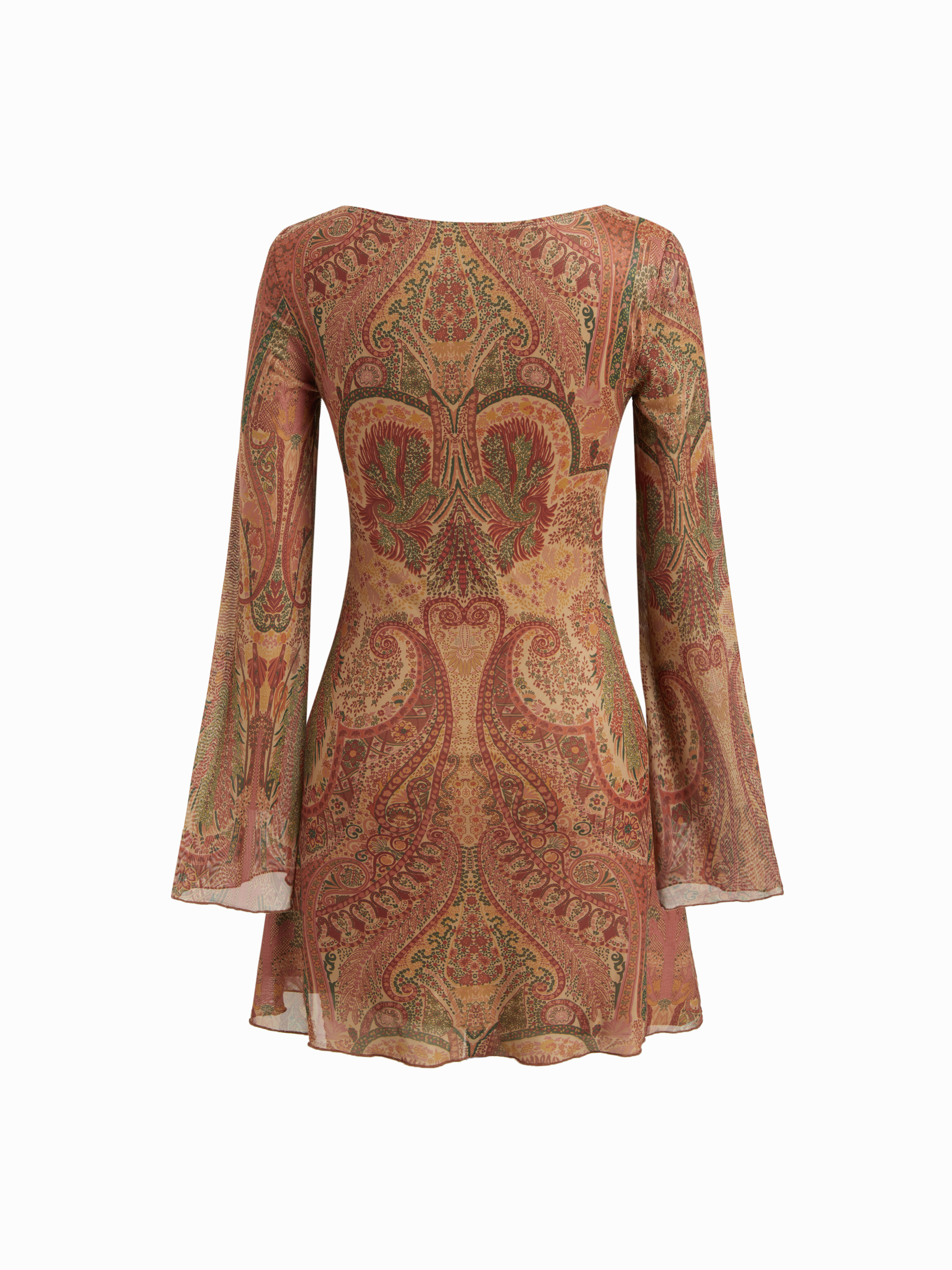 Mesh Sweetheart Neck Paisley O-Ring Ruffle Hem Mini Dress