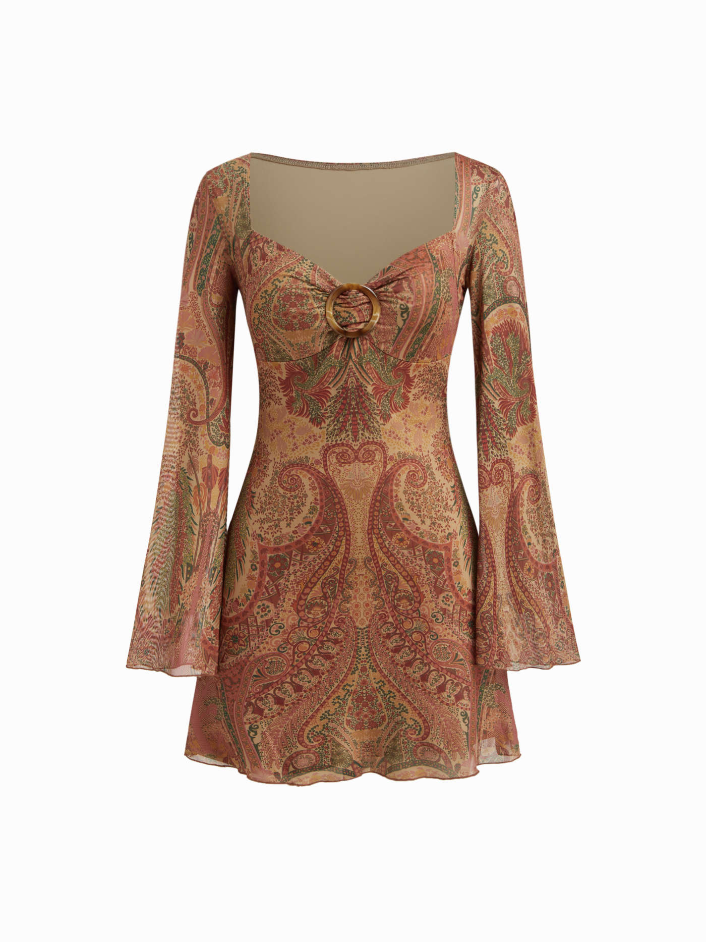 Mesh Sweetheart Neck Paisley O-Ring Ruffle Hem Mini Dress